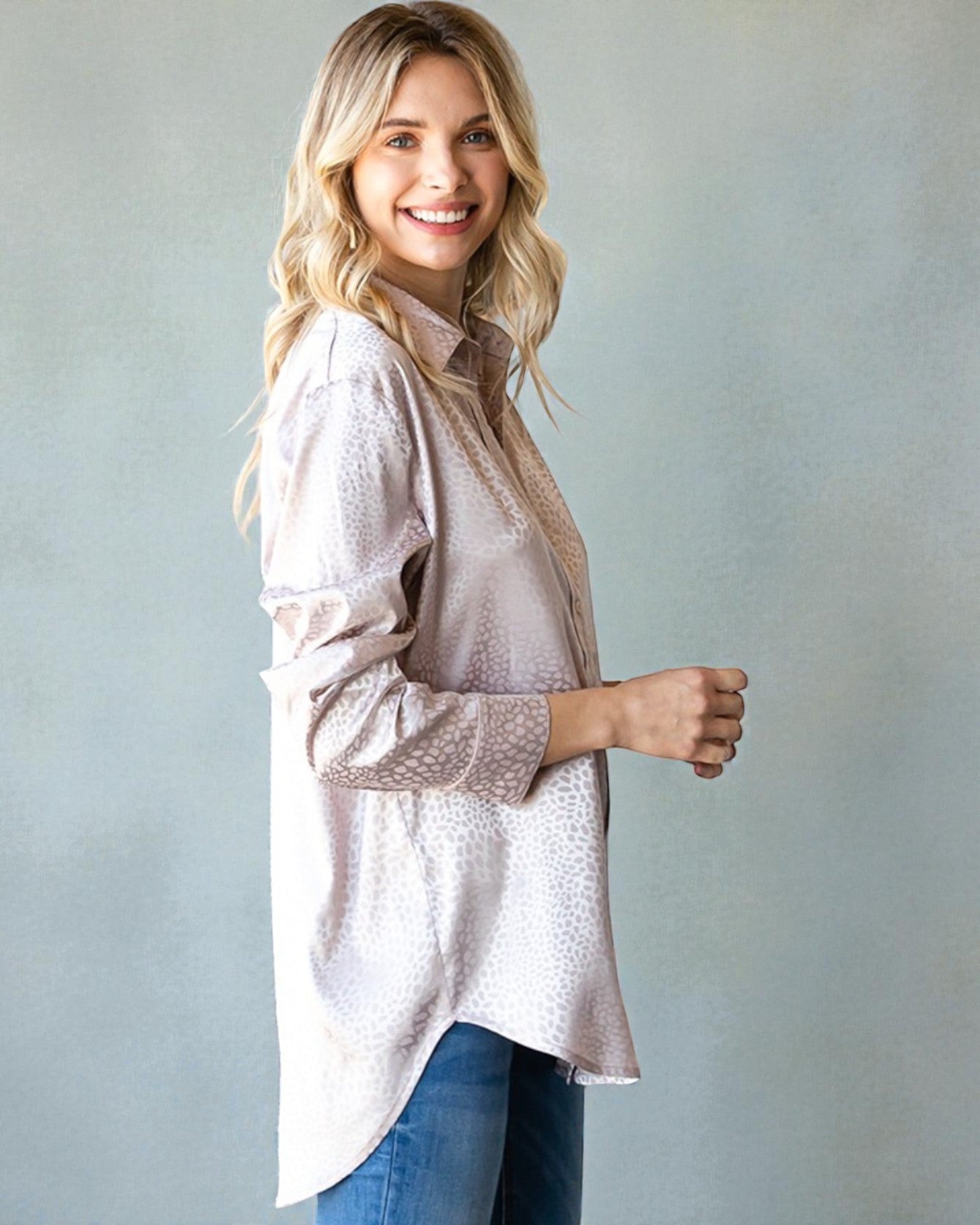 Blush Satin Animal Print Button Down
