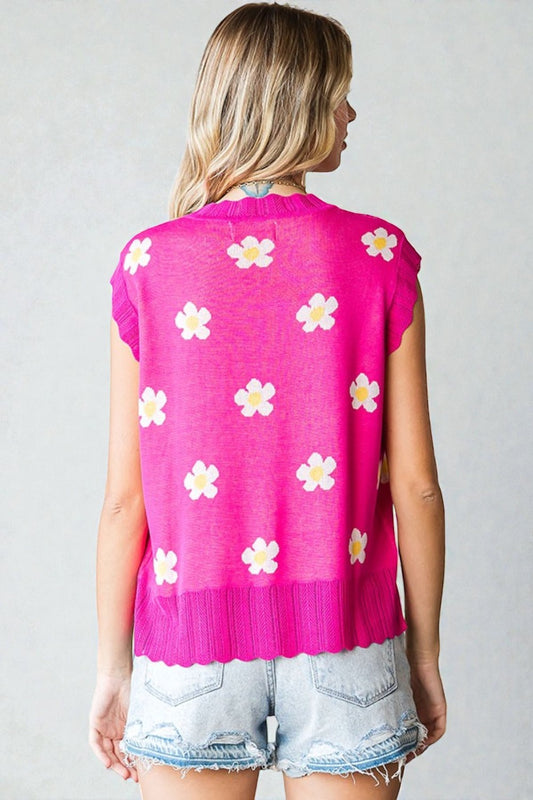 Fuchsia Pink Daisy Sleeveless Knit Top