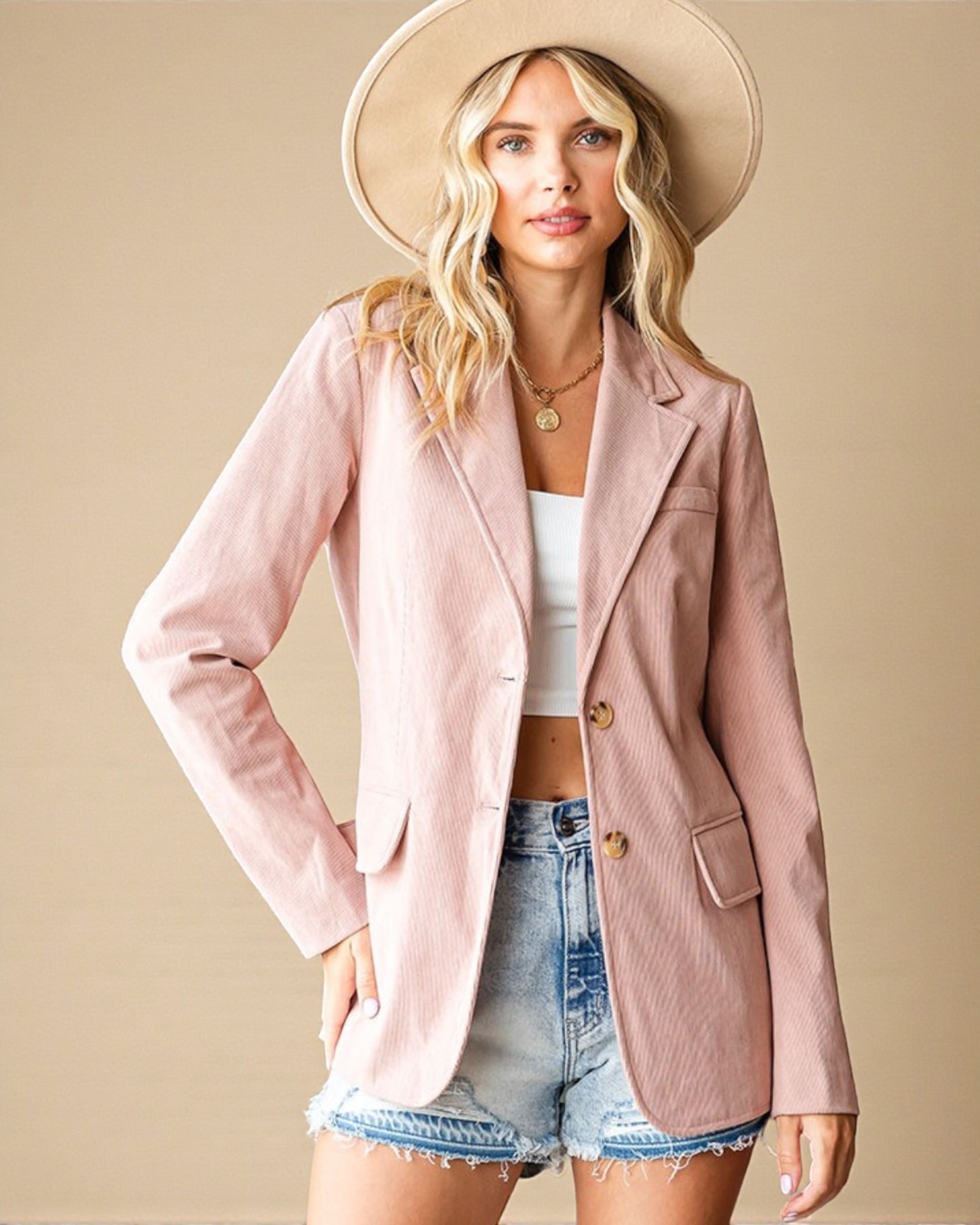 Blazer en velours côtelé à boutonnage simple en rose