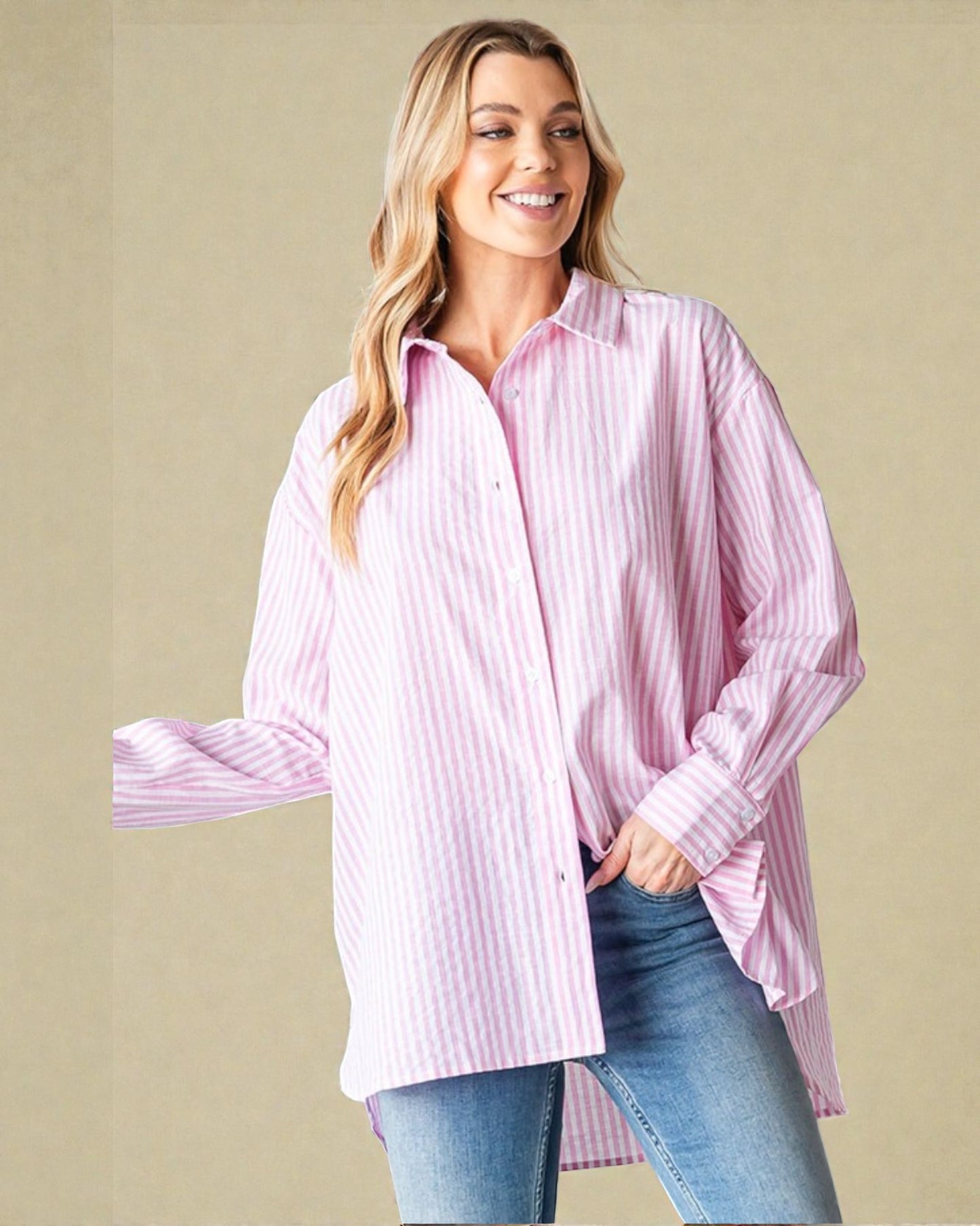 Chemise boutonnée à rayures roses avec ourlet haut-bas