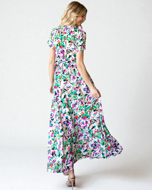 White & Fuchsia Floral Wrap Maxi Dress