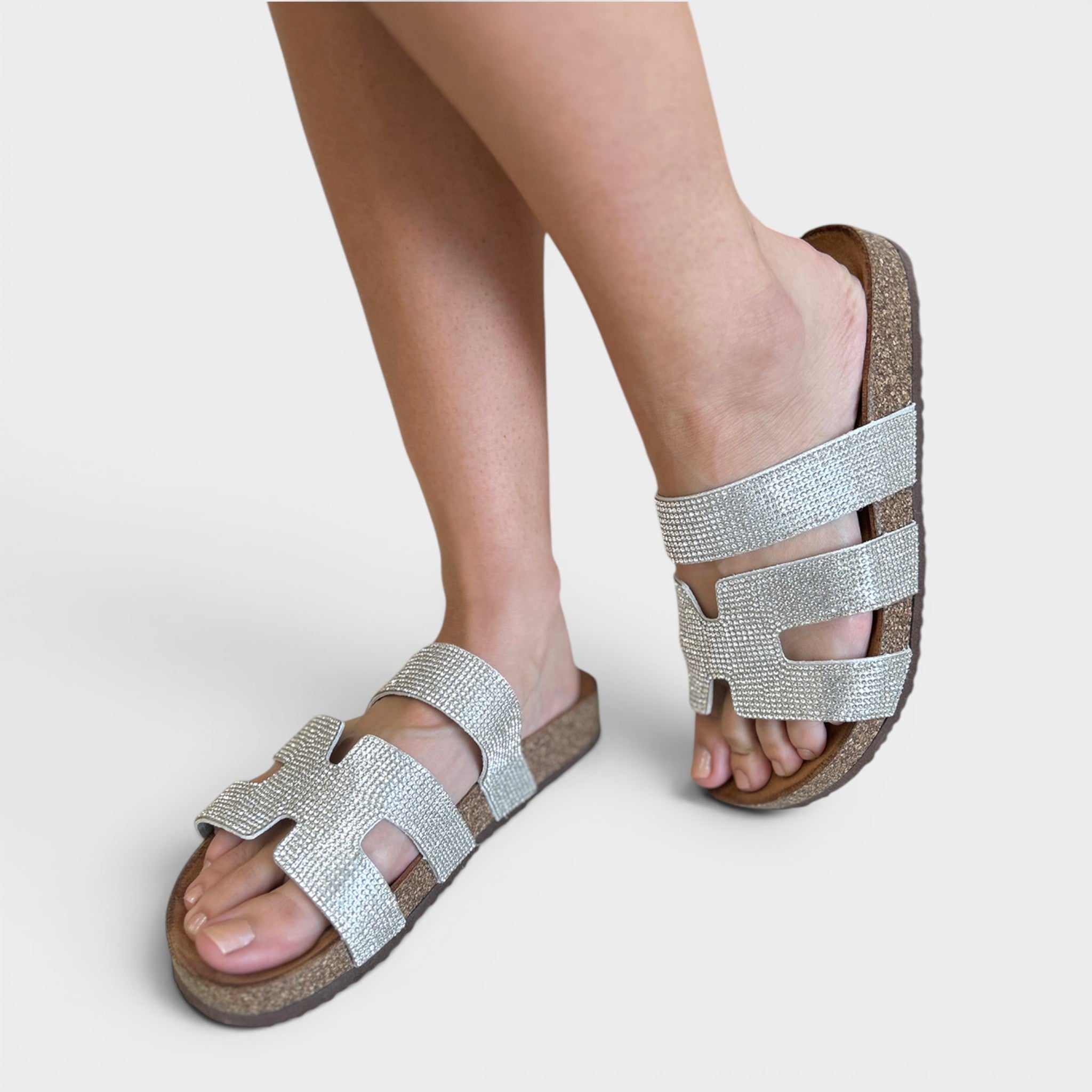 Sandalias de punta abierta con diamantes de imitación plateados