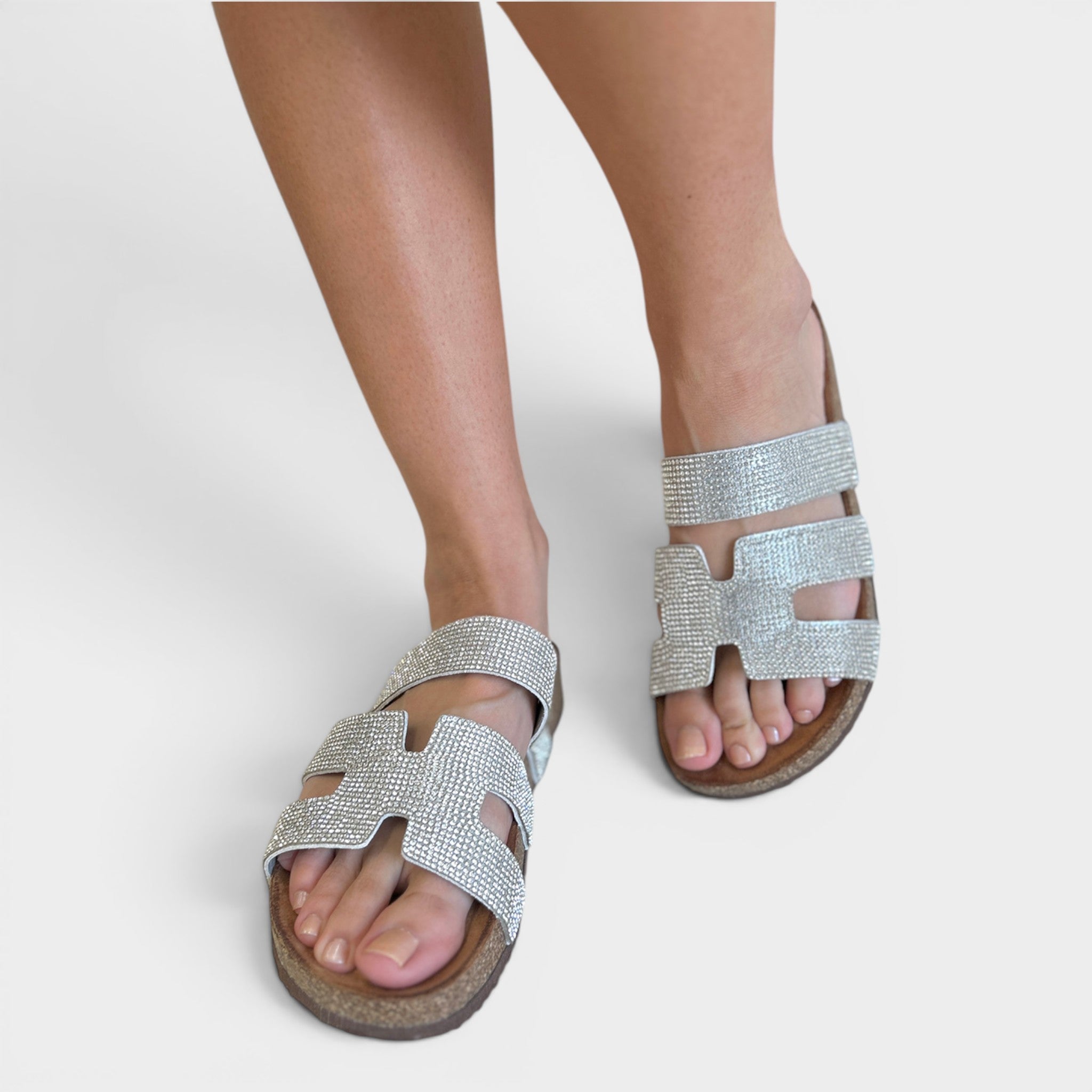 Sandalias de punta abierta con diamantes de imitación plateados