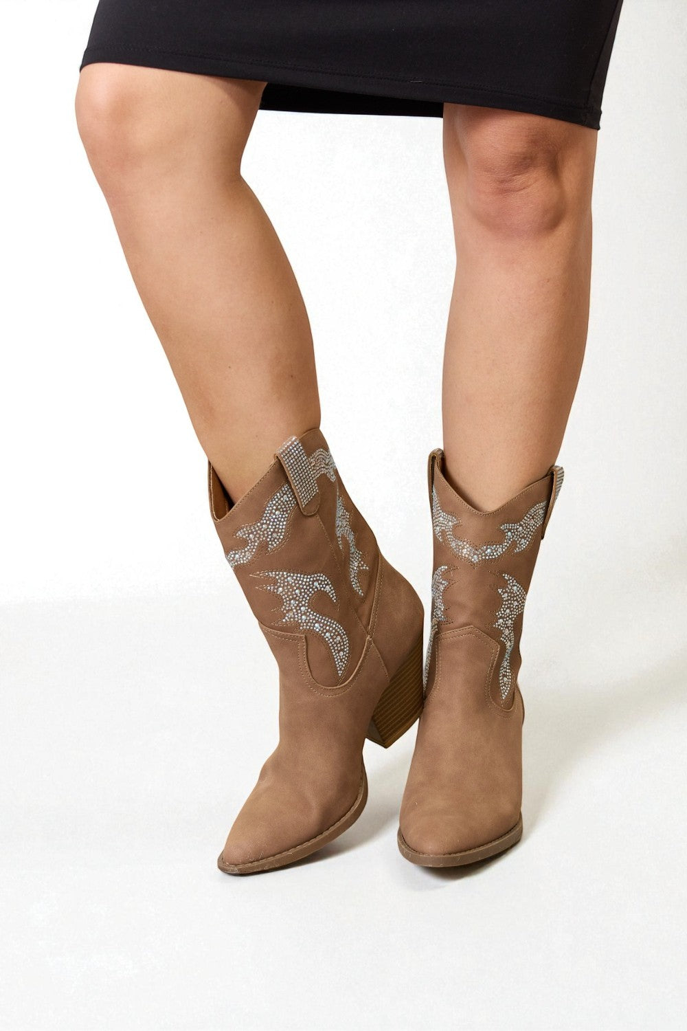 Taupe Rhinestone Western Pointed-Toe Boots