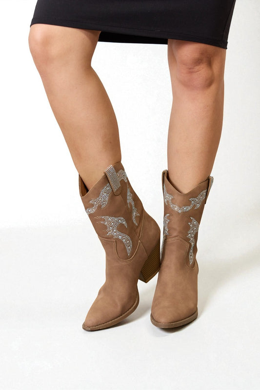 Taupe Rhinestone Western Pointed-Toe Boots