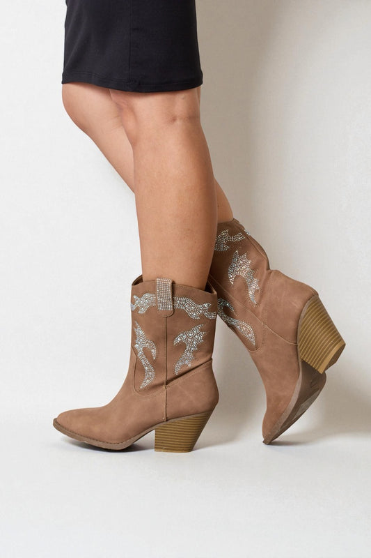 Taupe Rhinestone Western Pointed-Toe Boots