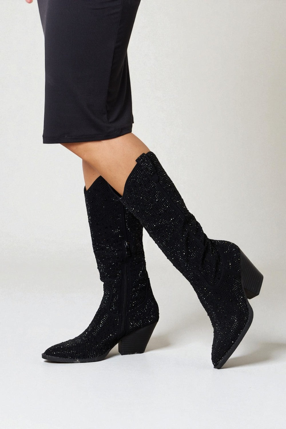 Black Rhinestone Pointed-Toe Mid-Calf Cowgirl Boots