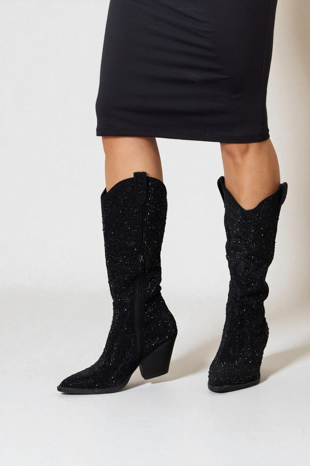 Black Rhinestone Pointed-Toe Mid-Calf Cowgirl Boots