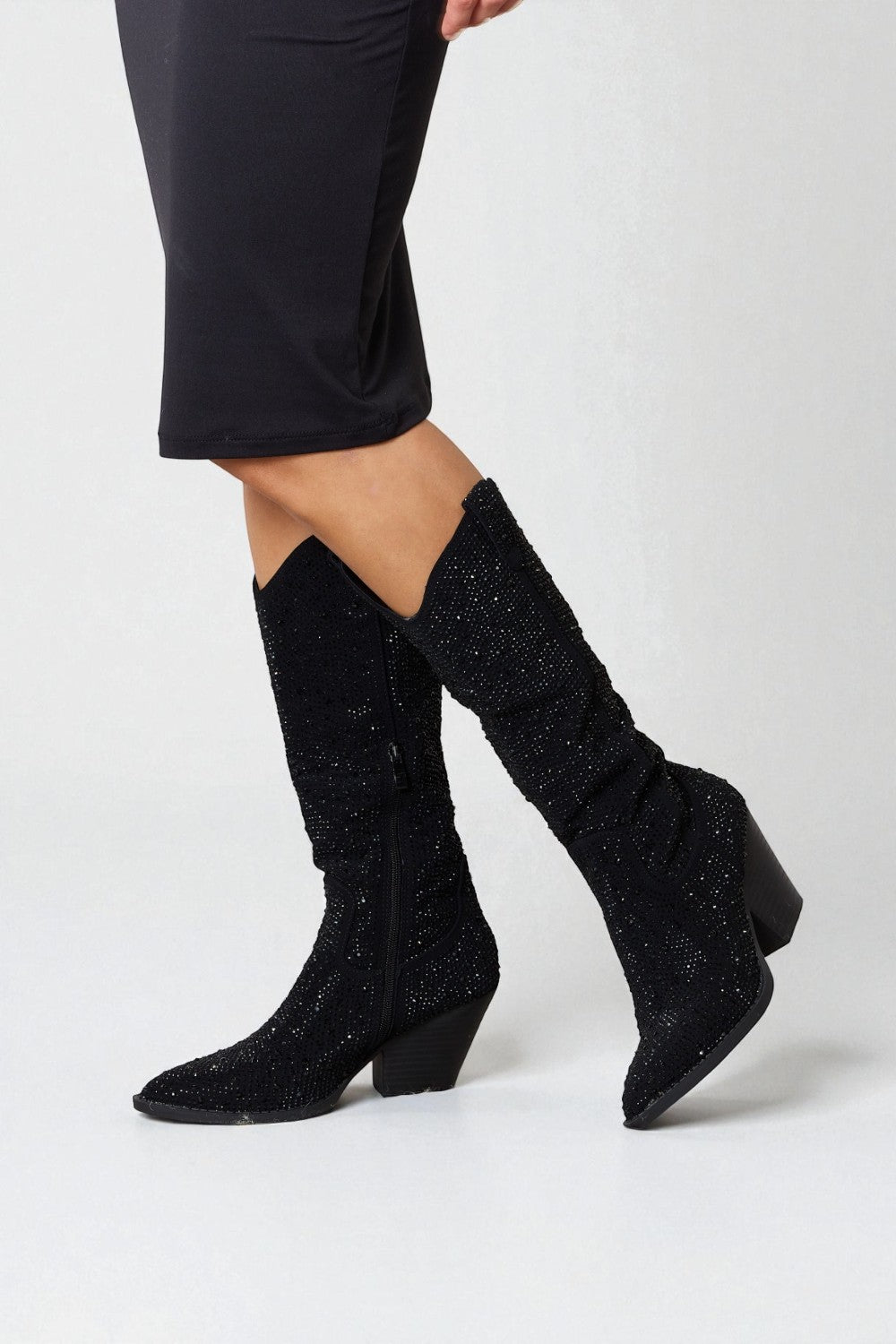 Black Rhinestone Pointed-Toe Mid-Calf Cowgirl Boots