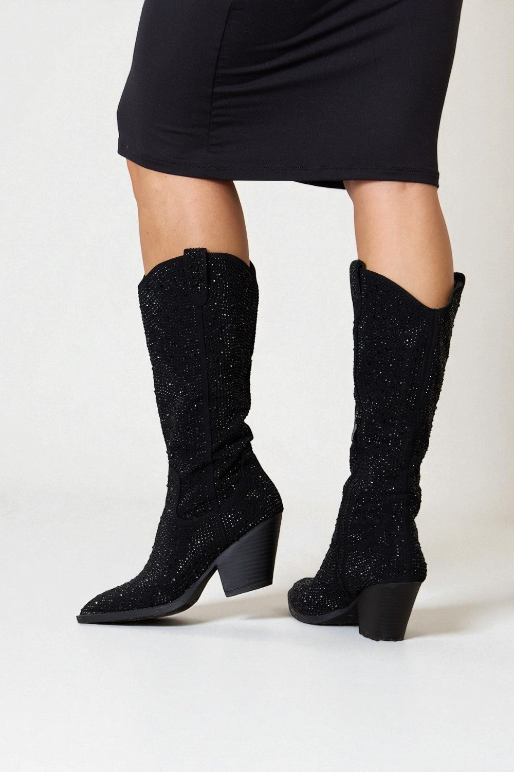 Black Rhinestone Pointed-Toe Mid-Calf Cowgirl Boots