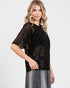 Woman wearing a black sheer top with white polka dots on a white background