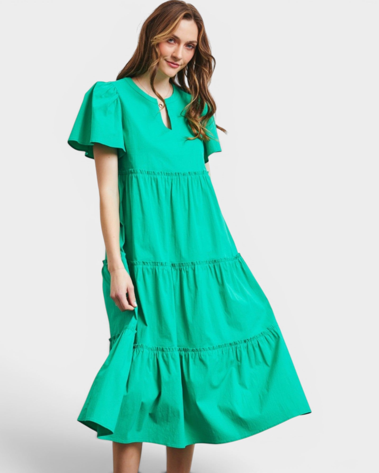 Emerald Green Flutter-Sleeve Tiered Midi Dress