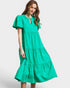 Emerald Green Flutter-Sleeve Tiered Midi Dress