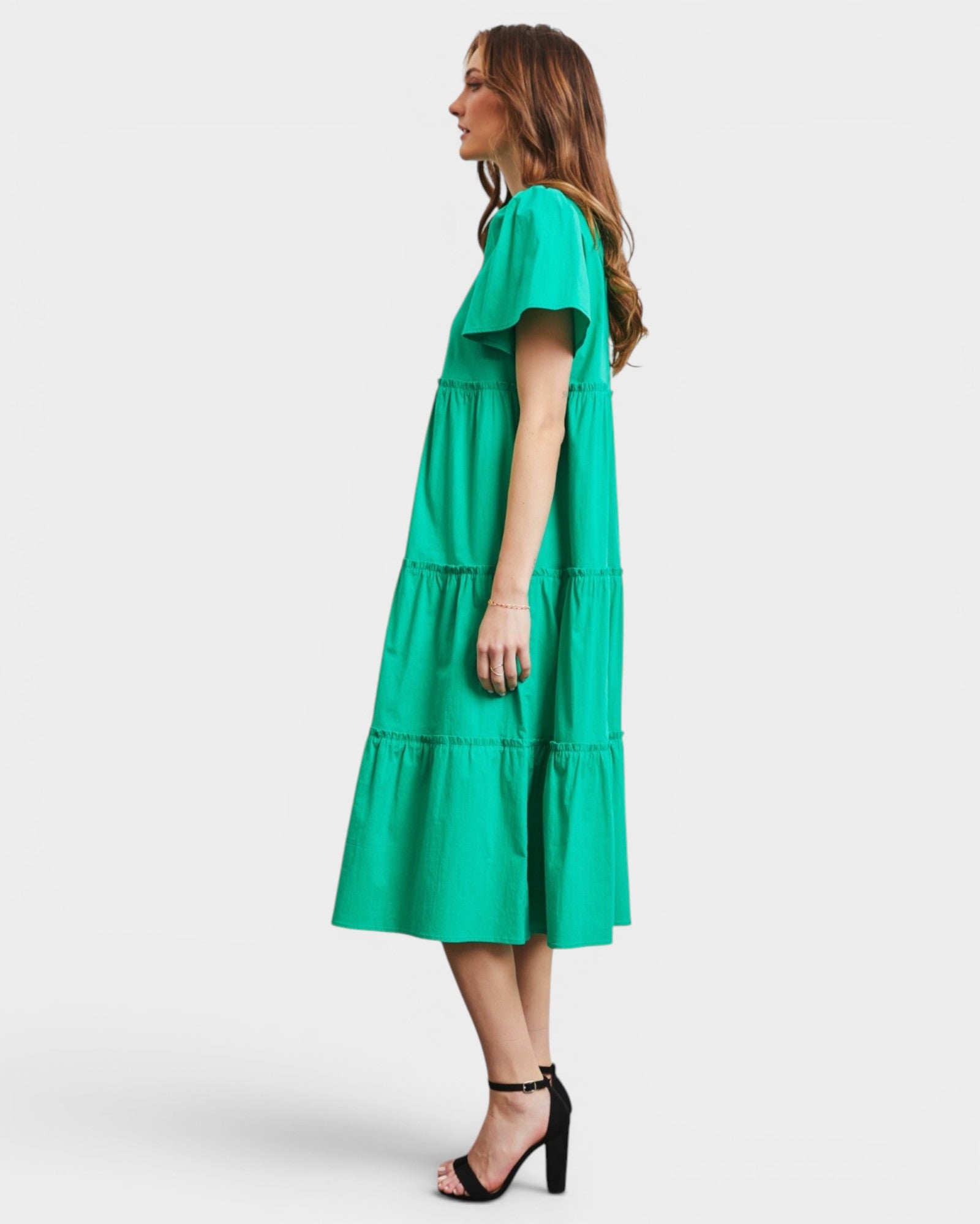 Emerald Green Flutter-Sleeve Tiered Midi Dress
