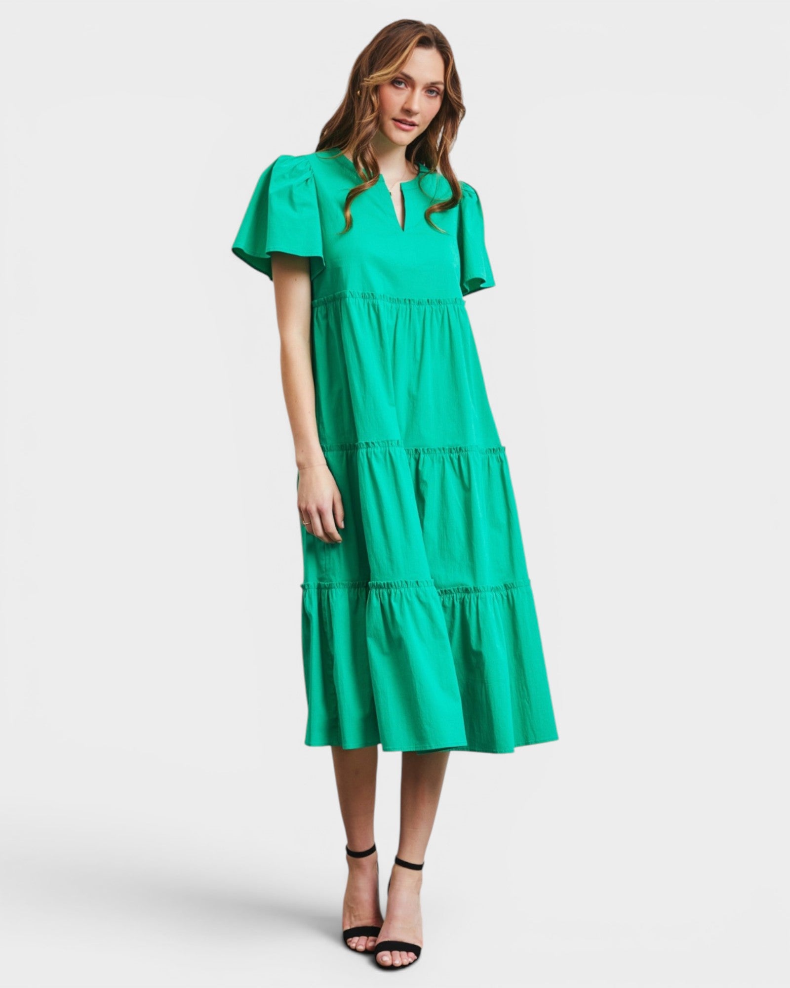 Emerald Green Flutter-Sleeve Tiered Midi Dress