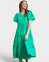 Emerald Green Flutter-Sleeve Tiered Midi Dress