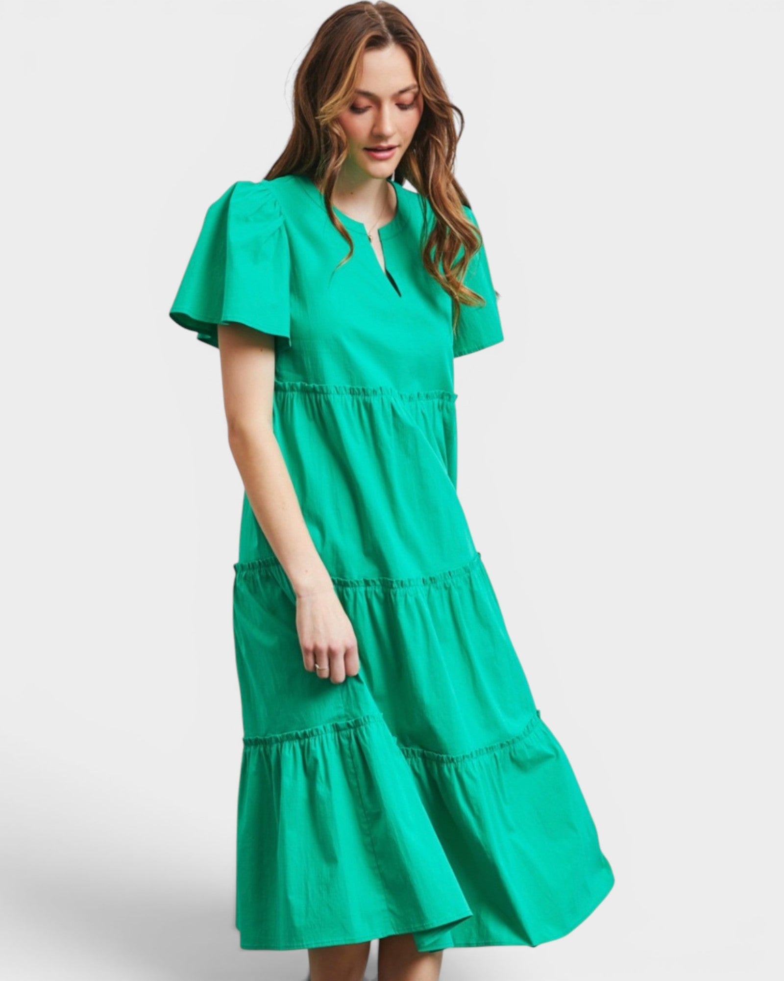 Emerald Green Flutter-Sleeve Tiered Midi Dress