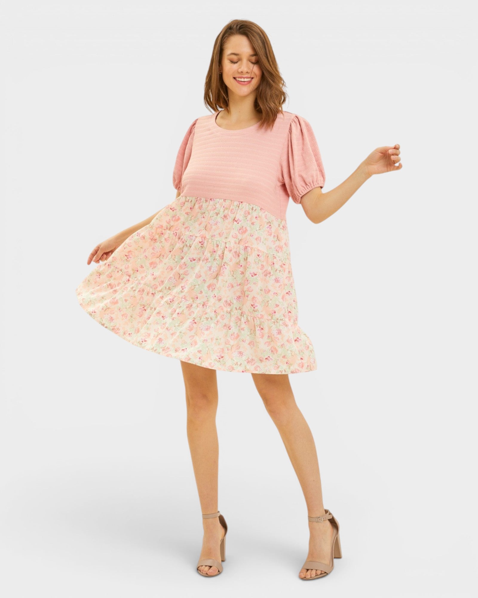 French Rose Floral Tiered Mini Dress
