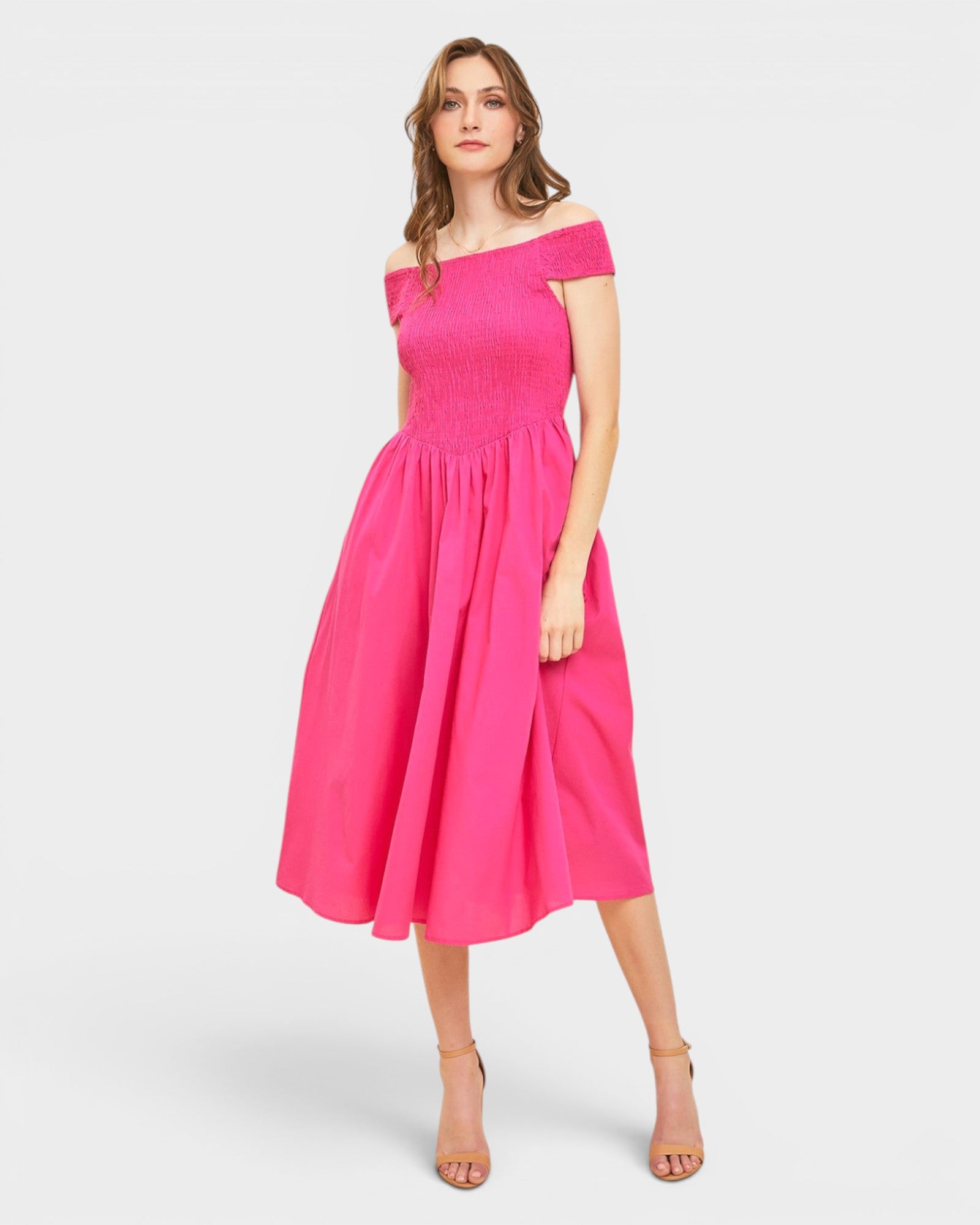 Fuchsia Off-Shoulder Smocked Midi Dress