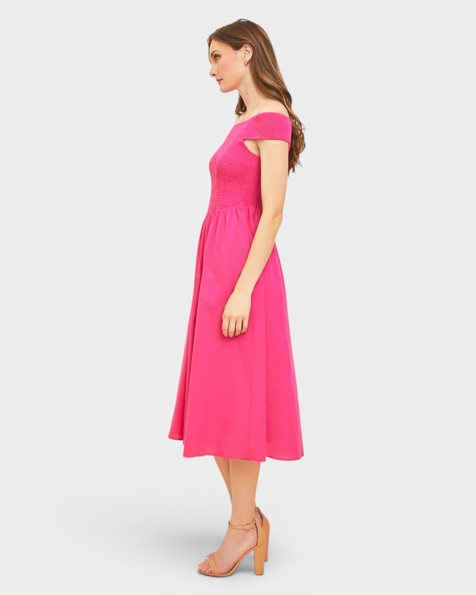Fuchsia Off-Shoulder Smocked Midi Dress