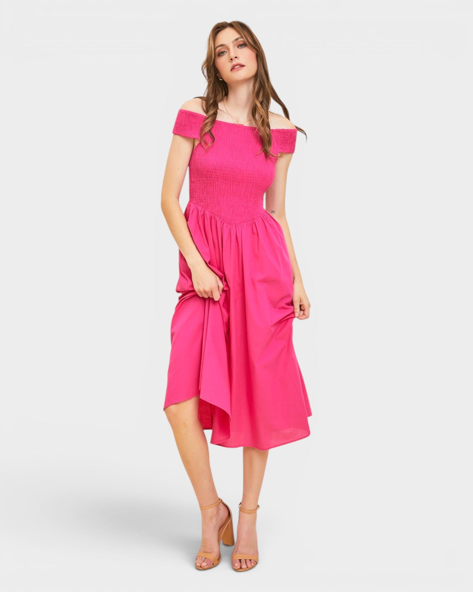 Fuchsia Off-Shoulder Smocked Midi Dress