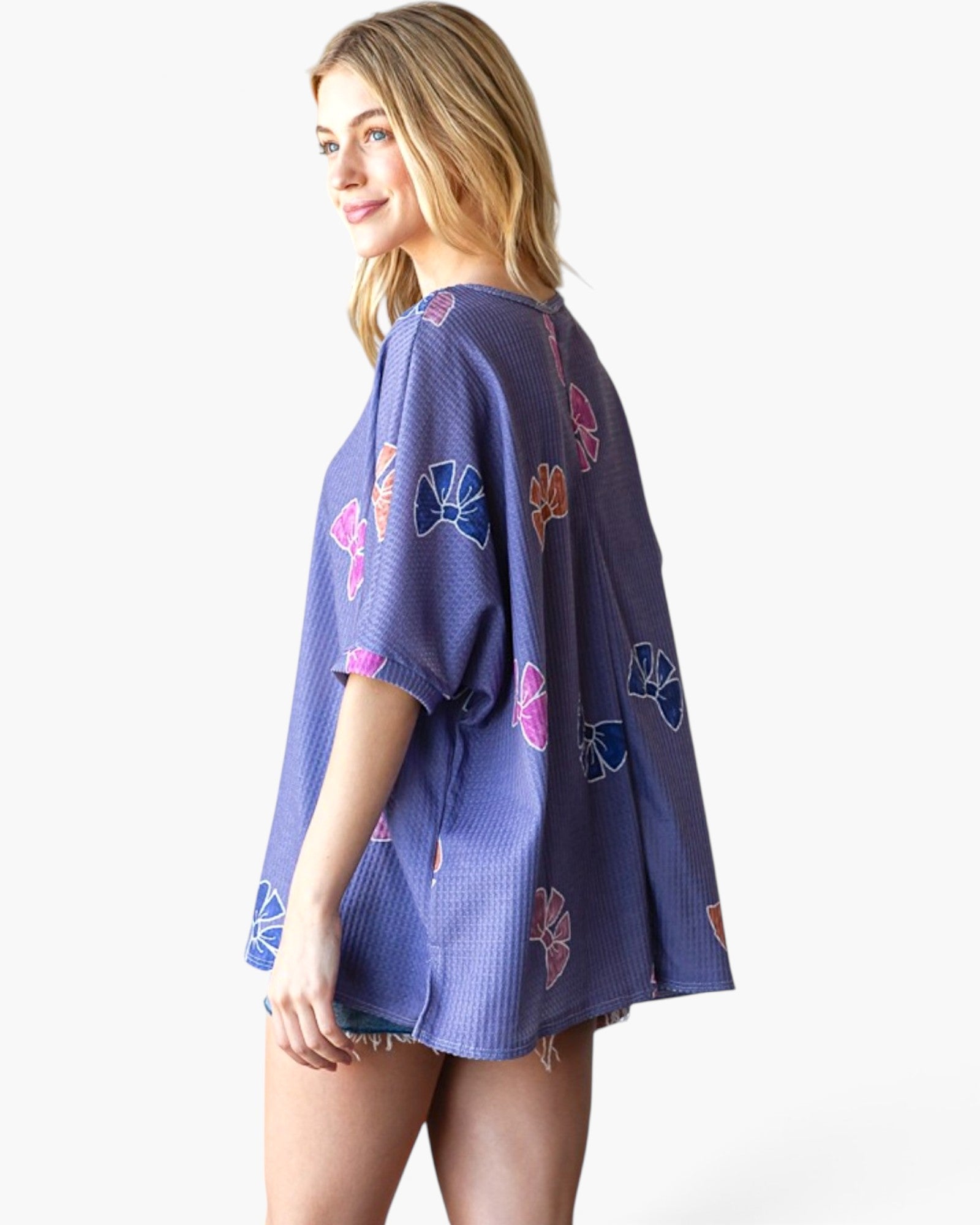 Purple Bow Print Waffle Knit Top