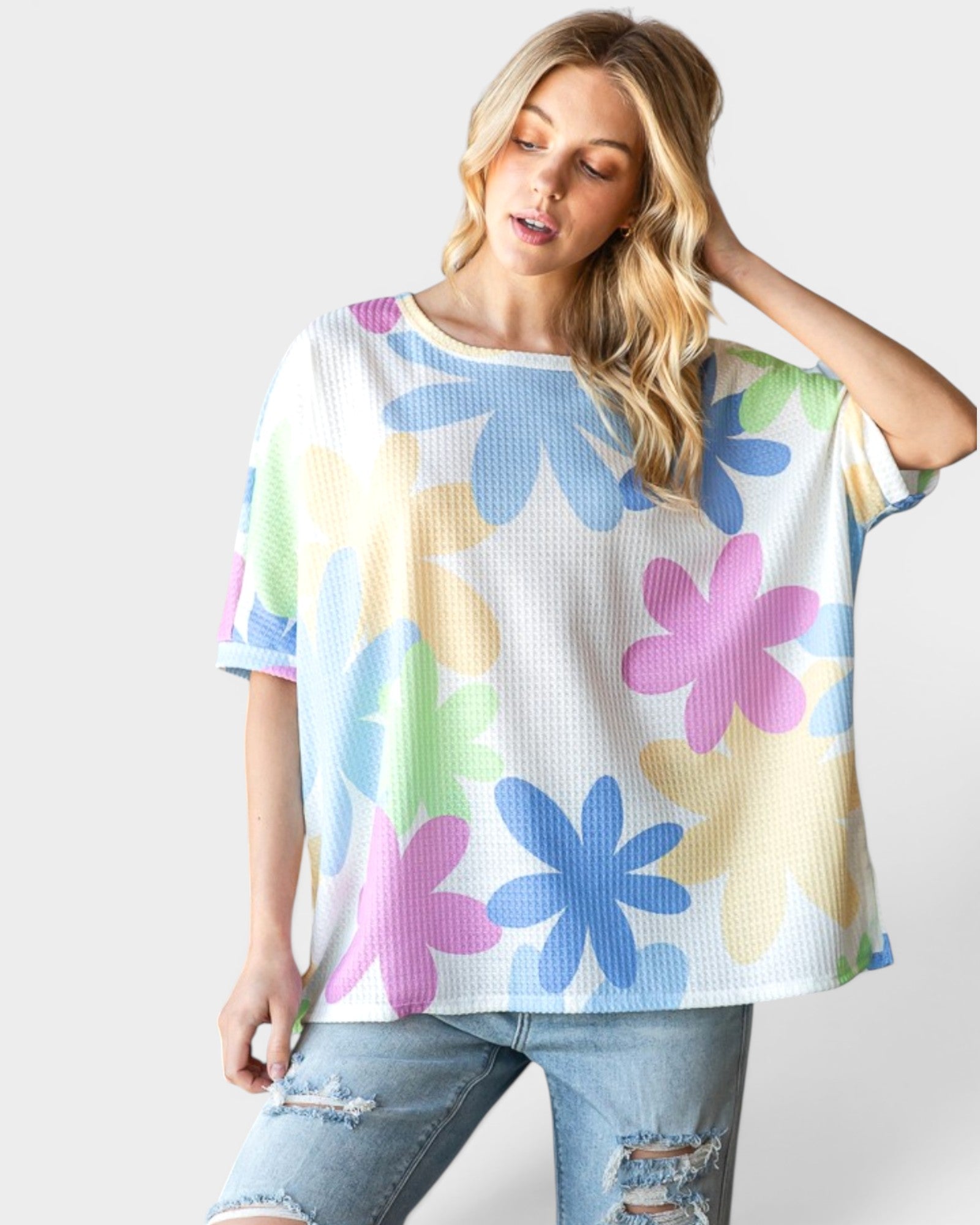Off White Floral Waffle Knit Dolman Top
