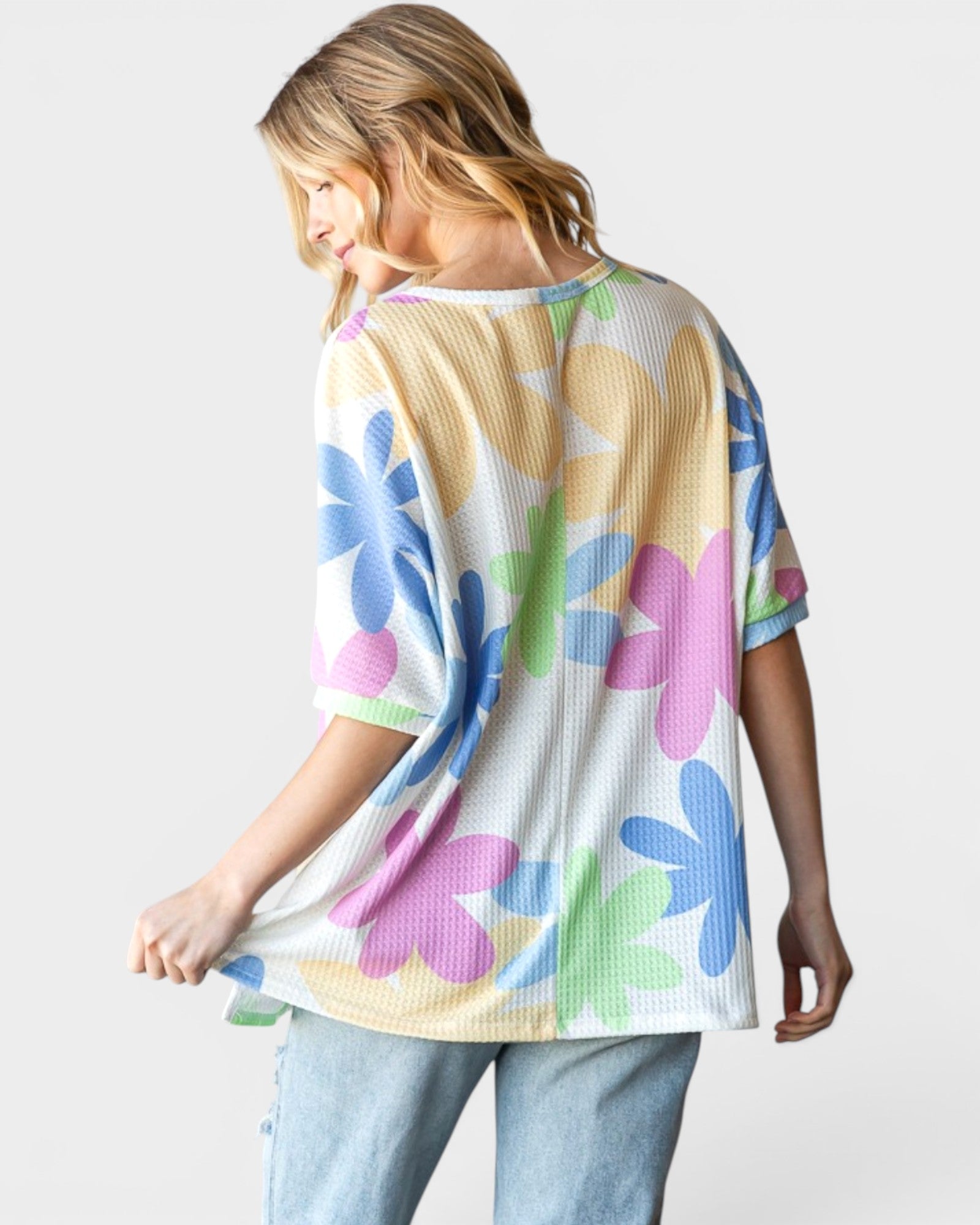 Off White Floral Waffle Knit Dolman Top