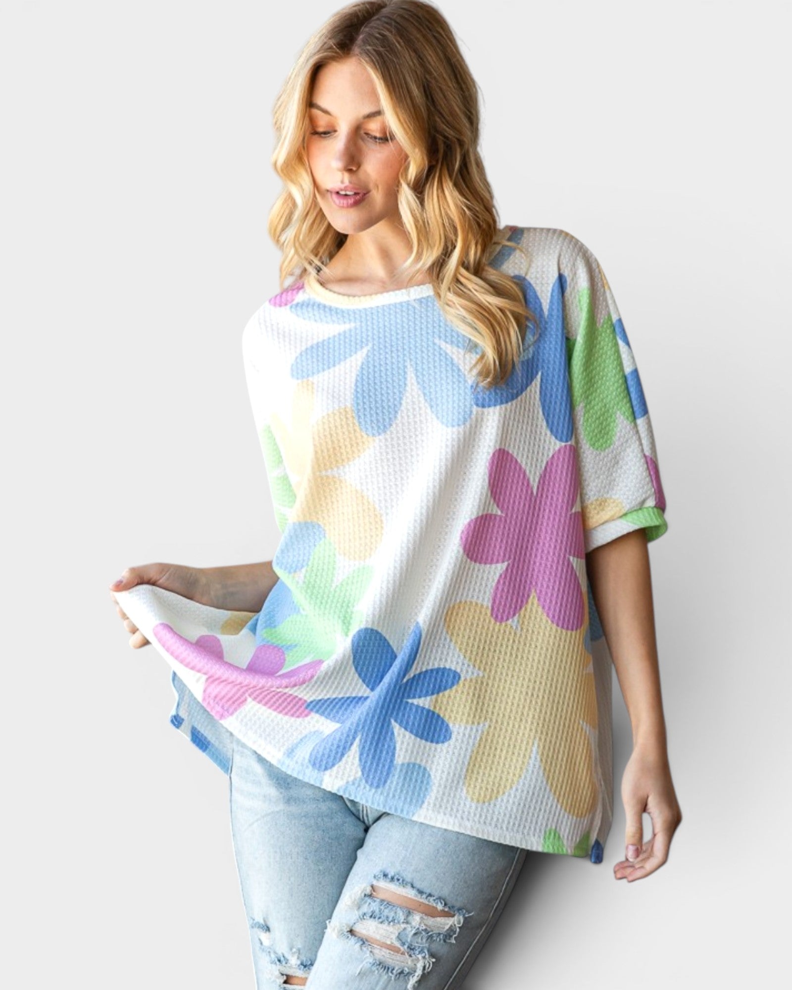 Off White Floral Waffle Knit Dolman Top