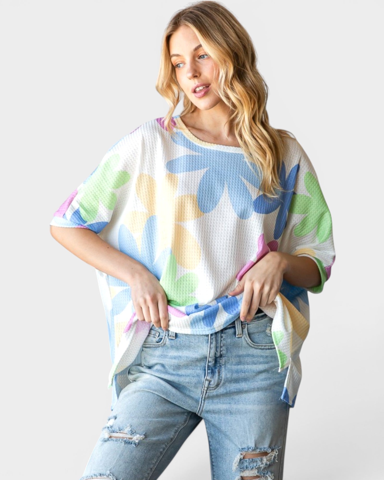 Off White Floral Waffle Knit Dolman Top