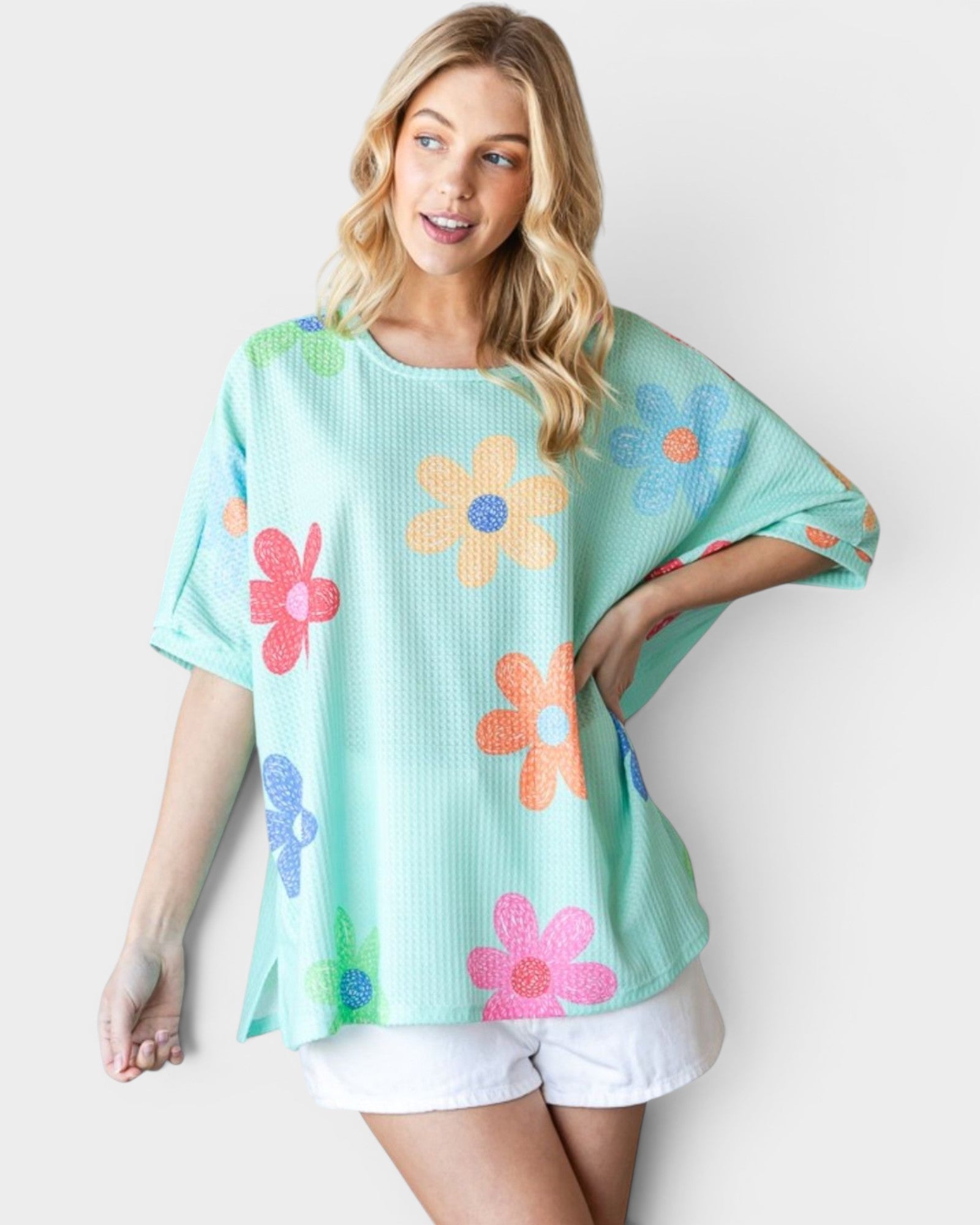 Neon Green Flower Print Waffle Knit Top
