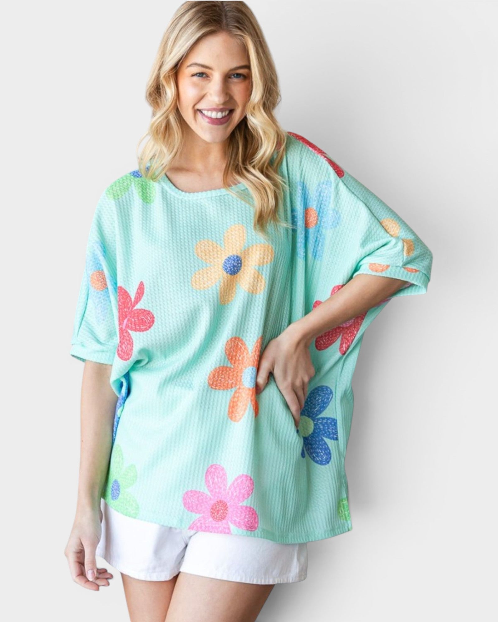 Neon Green Flower Print Waffle Knit Top