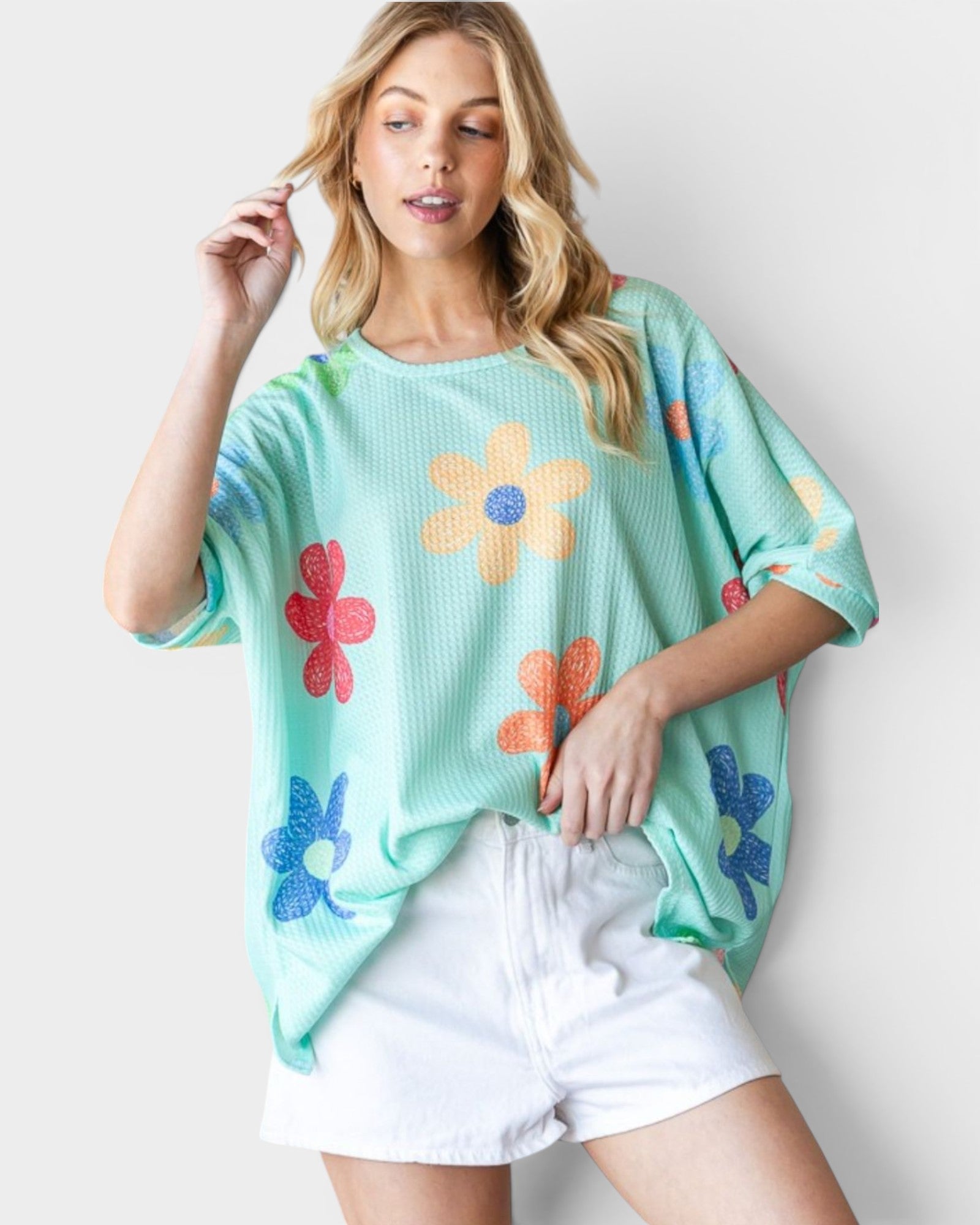 Neon Green Flower Print Waffle Knit Top