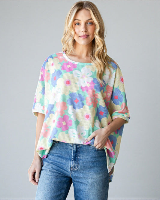 Pastel Floral Waffle Knit Oversized Top