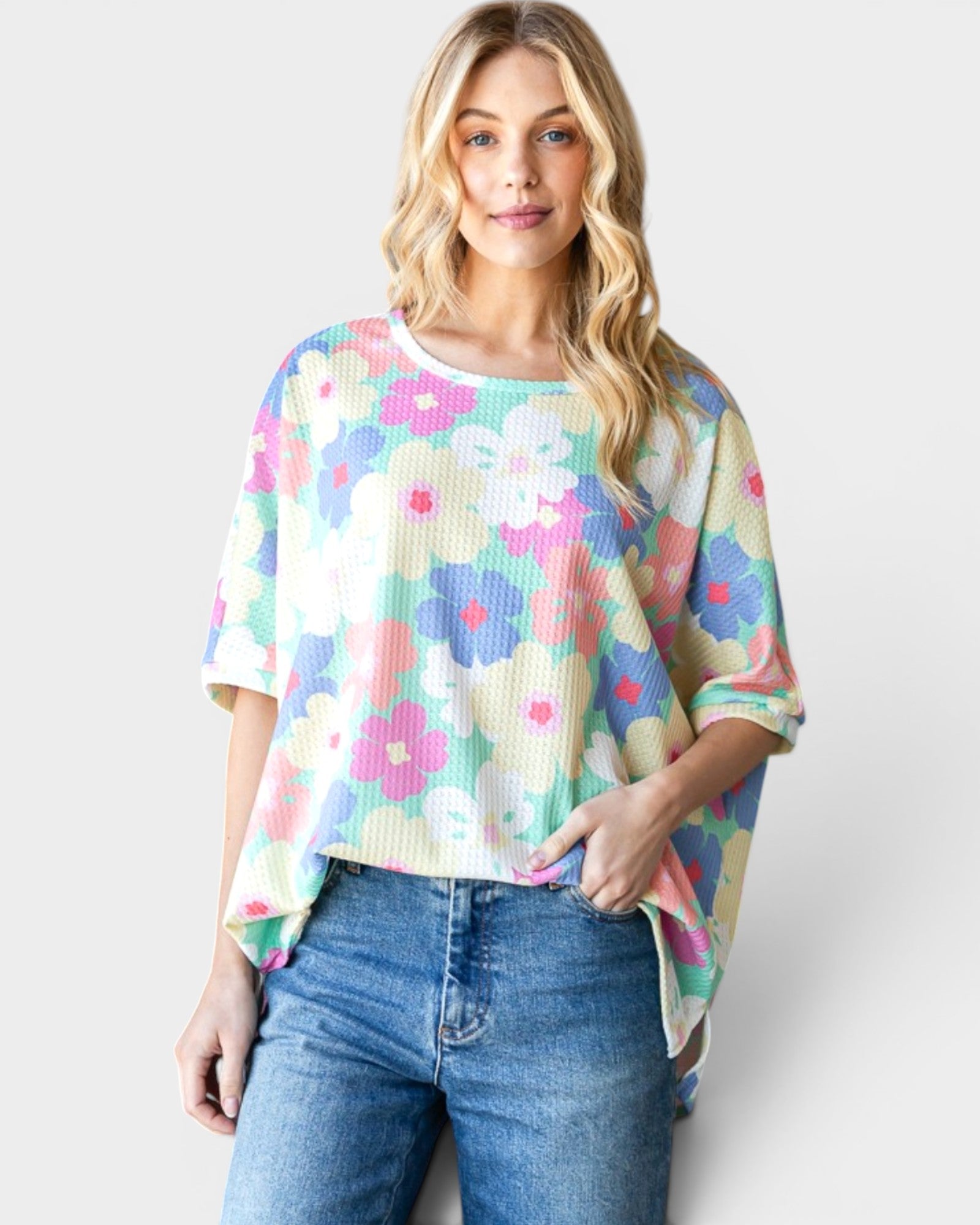 Camiseta oversize de punto gofre con estampado floral en amarillo menta