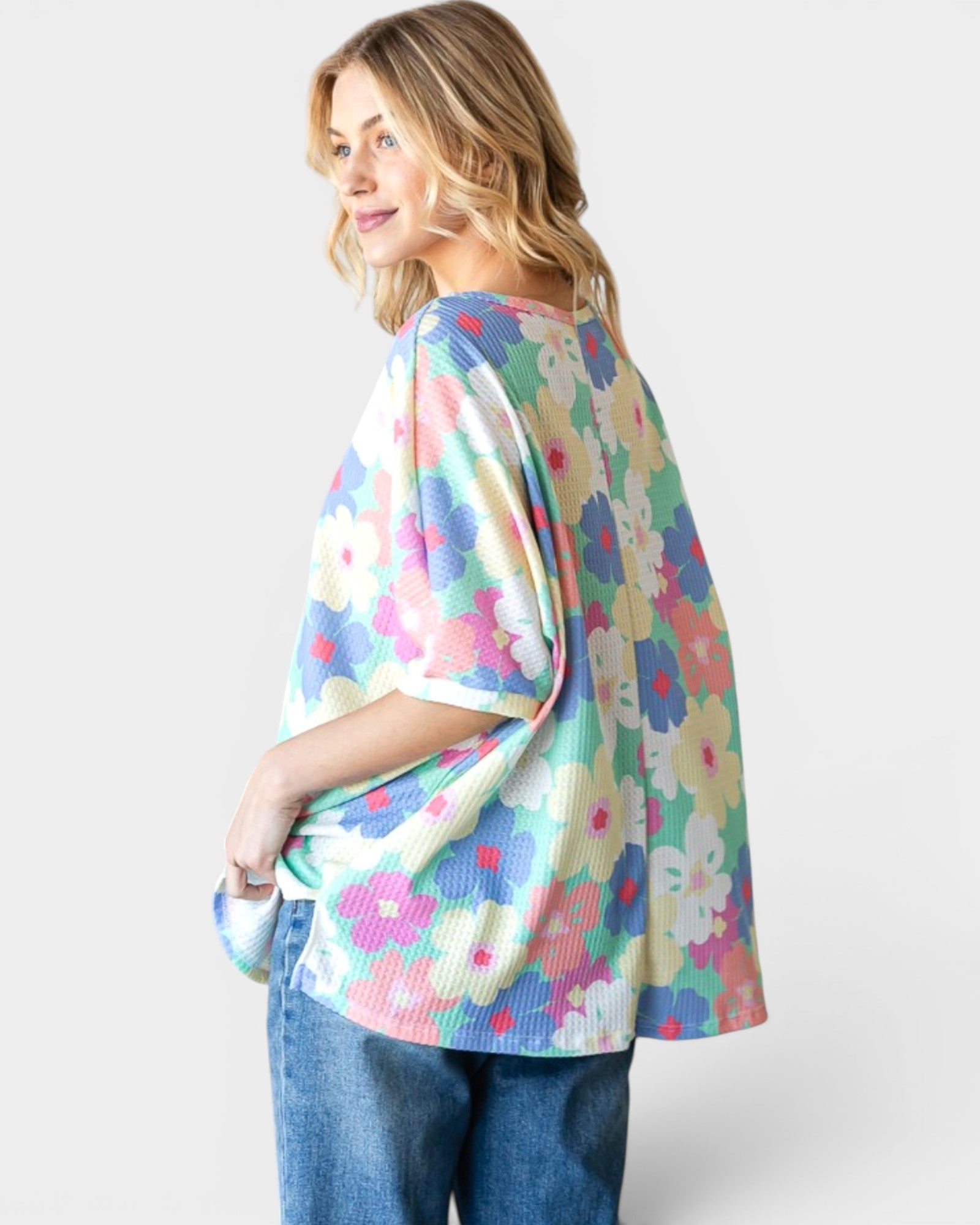 Camiseta oversize de punto gofre con estampado floral en amarillo menta