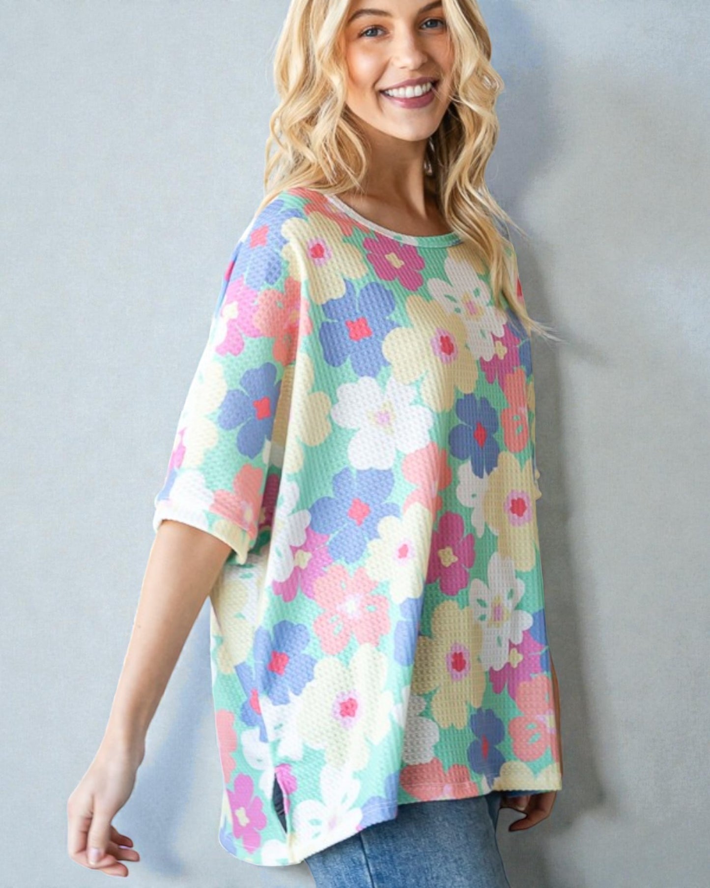 Pastel Floral Waffle Knit Oversized Top