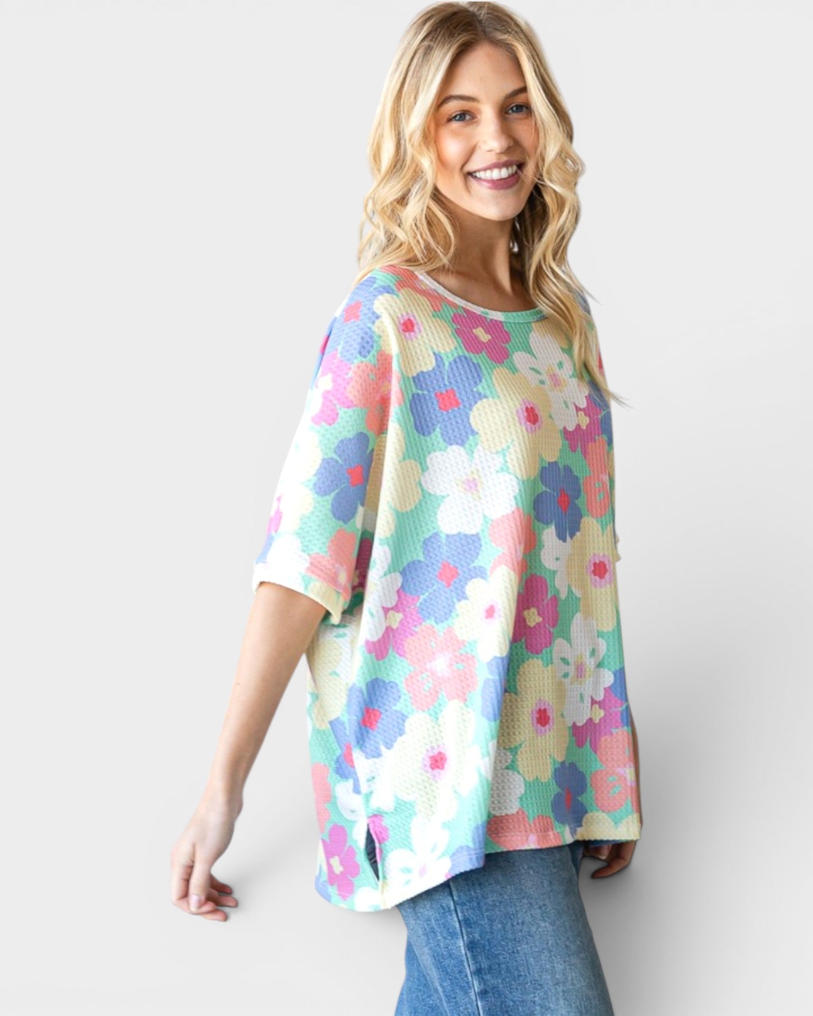 Camiseta oversize de punto gofre con estampado floral en amarillo menta