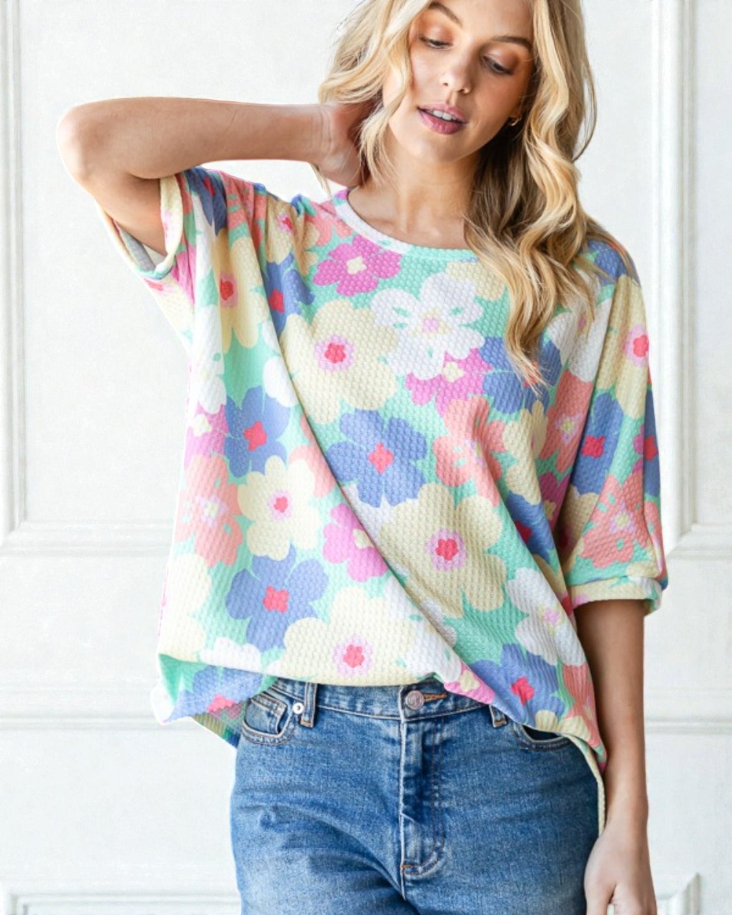 Pastel Floral Waffle Knit Oversized Top