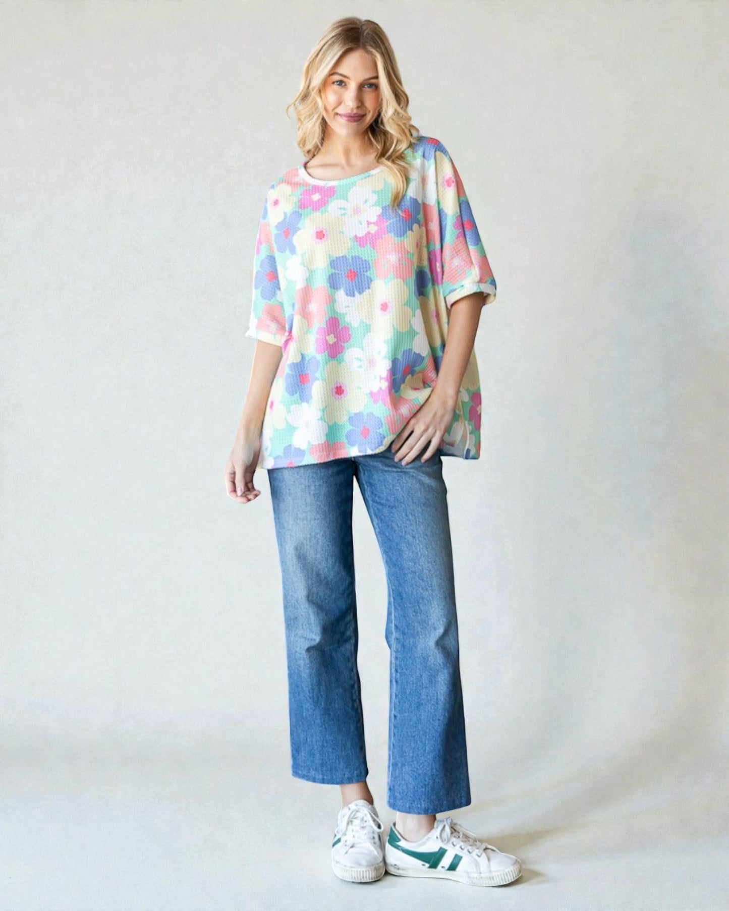 Pastel Floral Waffle Knit Oversized Top