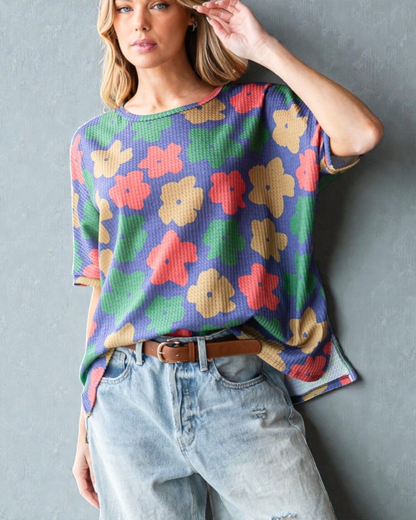 Blue Retro Floral Waffle Knit Top