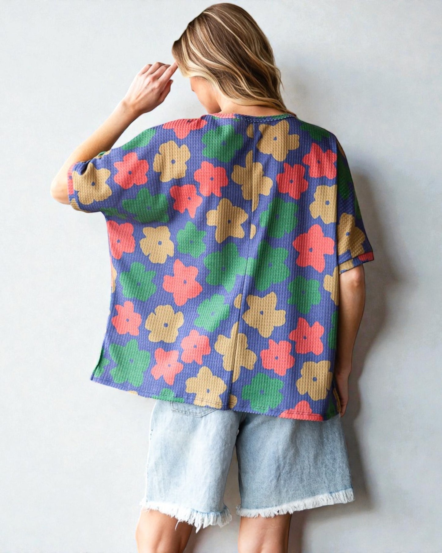 Blue Retro Floral Waffle Knit Top