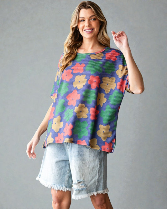 Blue Retro Floral Waffle Knit Top
