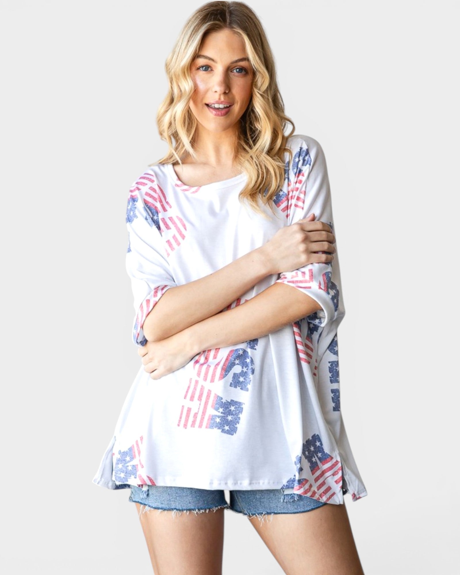 Off White Americana Print Dolman Sleeve Top