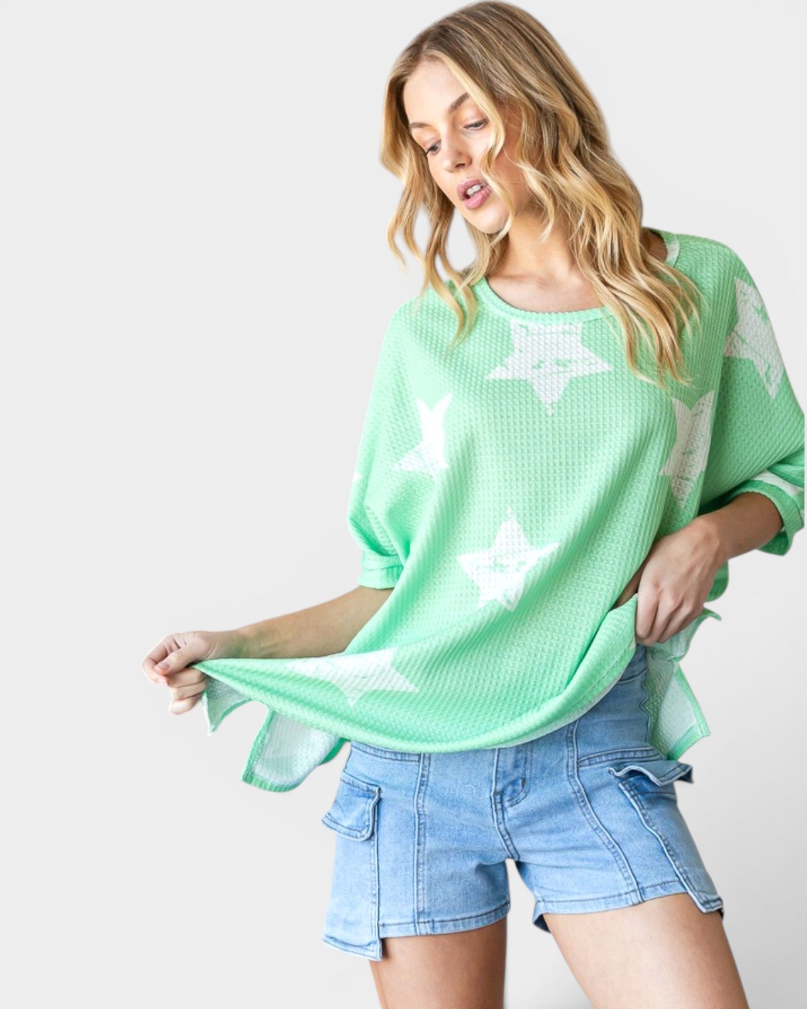 T-shirt oversize en tricot gaufré à motif étoilé en vert clair