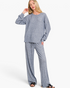 Beach Rose Co. navy melange Hacci knit two-piece set with a drop-shoulder long-sleeve top and wide-leg pants.