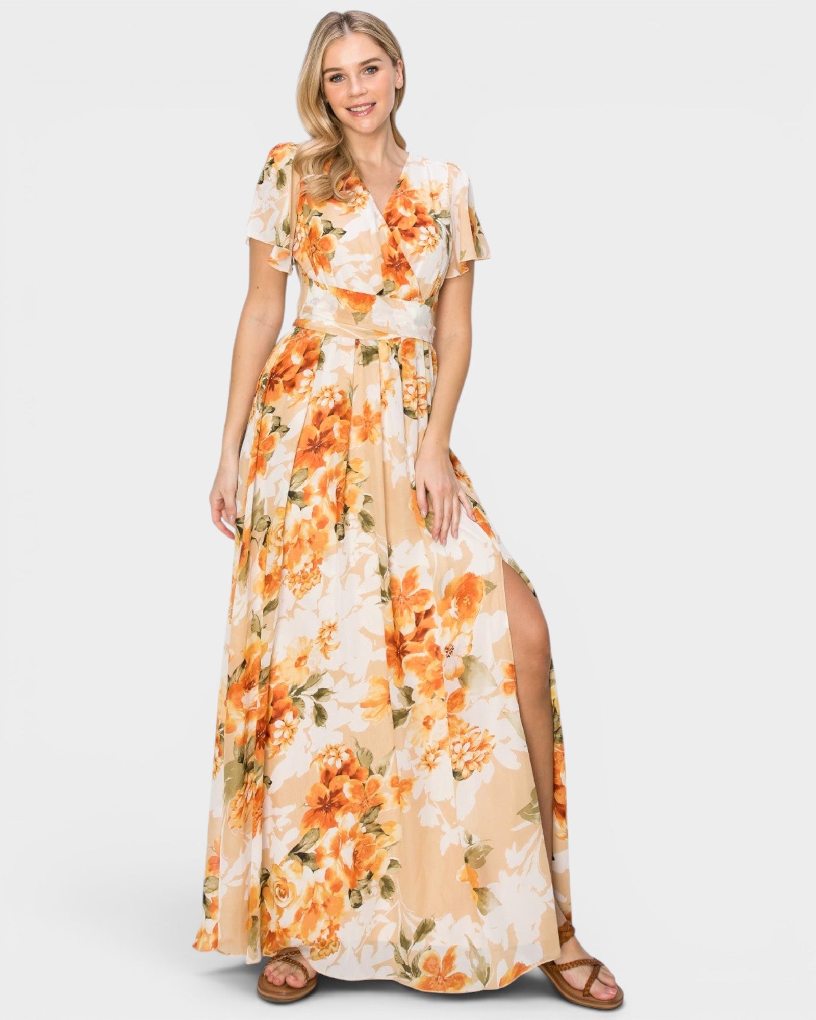 Orange Floral Wrap Maxi Dress