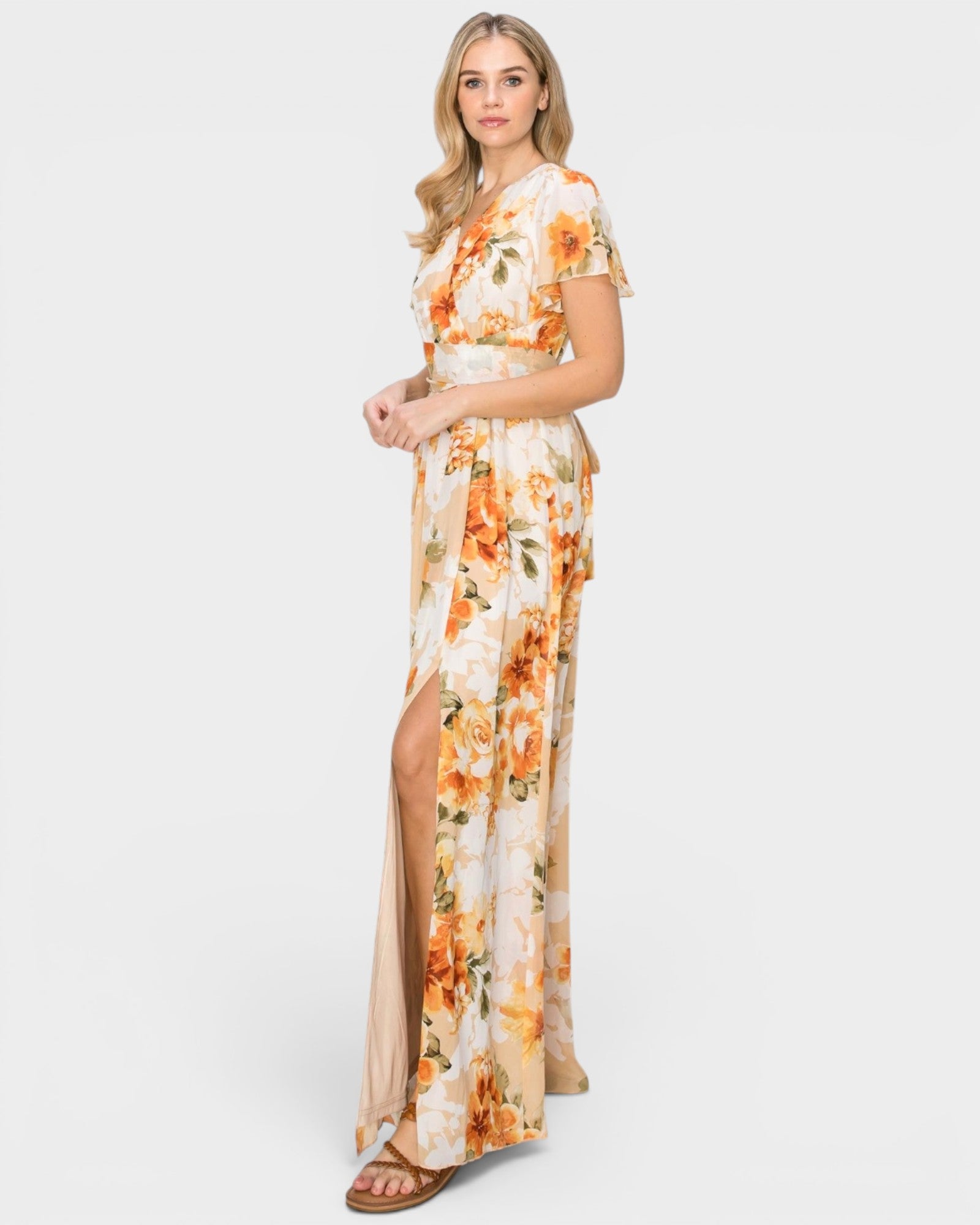 Orange Floral Wrap Maxi Dress