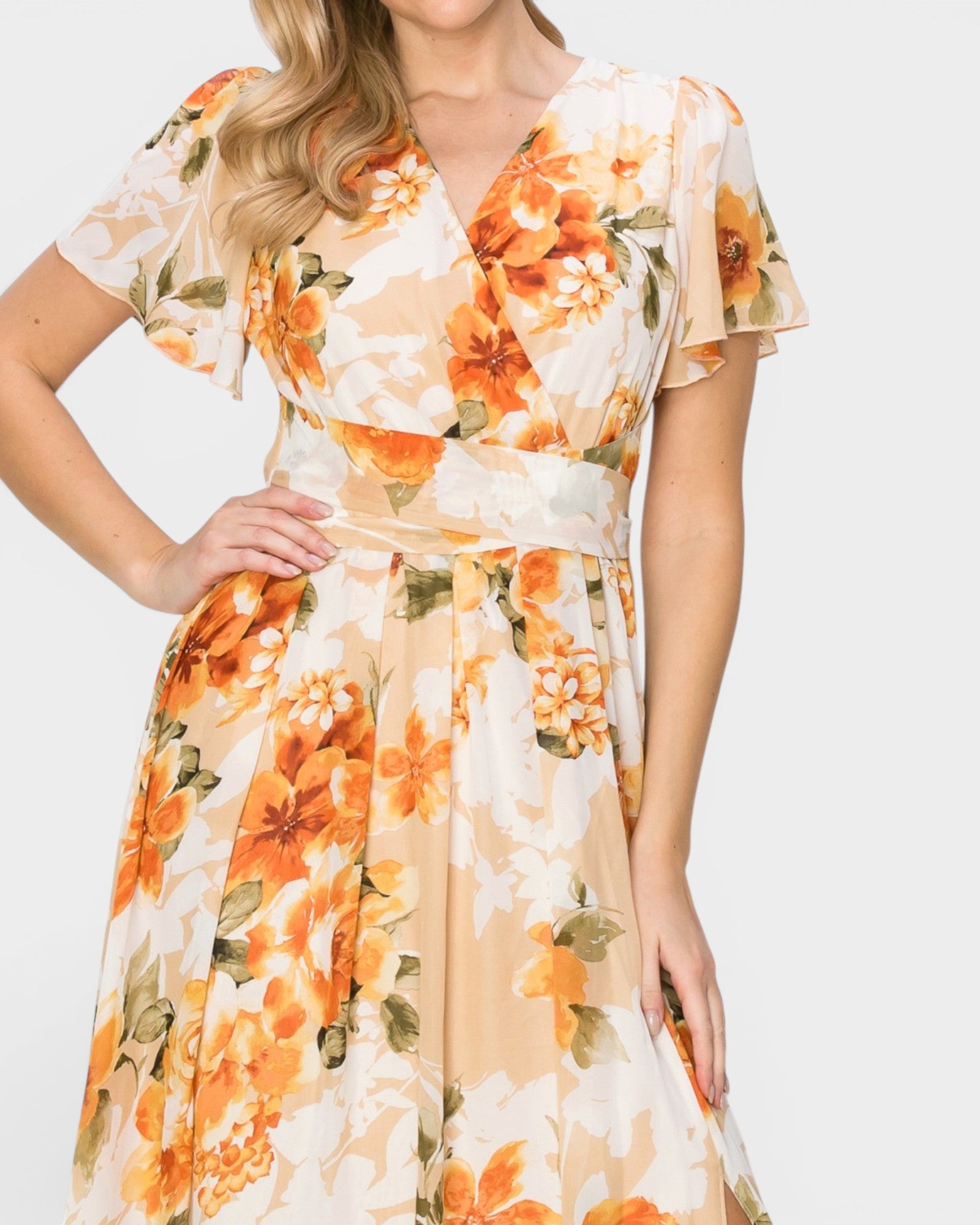Orange Floral Wrap Maxi Dress