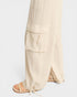 Beige linen pants with drawstring on a white background